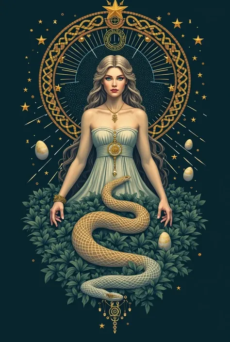  Create a logo of the Celtic goddess Sirona symbolized by a snake and eggs, goddess of healing and a river of stars  