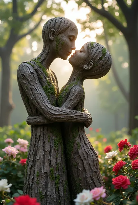 Two intertwined trees forming the shape of a heart, their trunks and branches carefully sculpted to resemble a loving couple locked in an intimate kiss. The bark texture mimics the delicate features of human figures, with the contours of faces and bodies s...