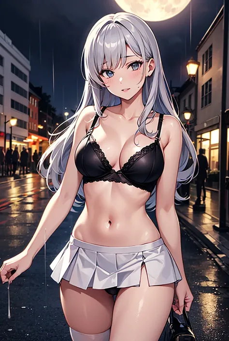 On the rainy night, the girl with a open wet shirt, torn micro skirt, and sexy underwear, masterpiece superb night moon full moon 1 female Lolita woman, sister royal sister cold face showing silver white long hair woman light pink lips calm intellectual th...