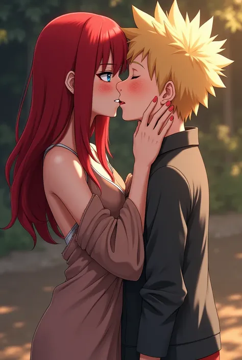 Create a realistic intimate image of Fuuka from Naruto the red haired girl who appeared in episode 60. The woman is kissing the blue-eyed blond Boruto in a deep sadistic kiss. She is holding his face hotly, her lips are red and she is smiling while he is b...