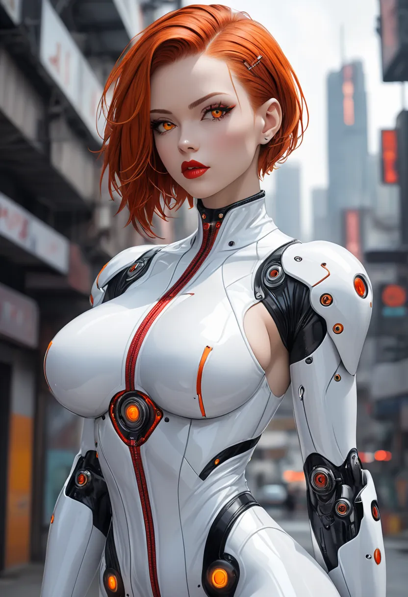 Redheaded woman with orange eyes red lips cyborg cyberpunk white latex clothes with red details ( big boobs) outside