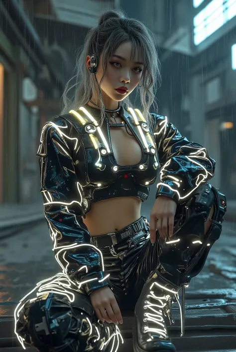 masterpiece, Best Quality, hyper Realistic, Create an image of a beautiful young Japanese woman embodying futuristic fashion art. 18-years-old, The scene should have the highest quality and realism, sitting, below shot, She has an ultra-slim waist, medium ...