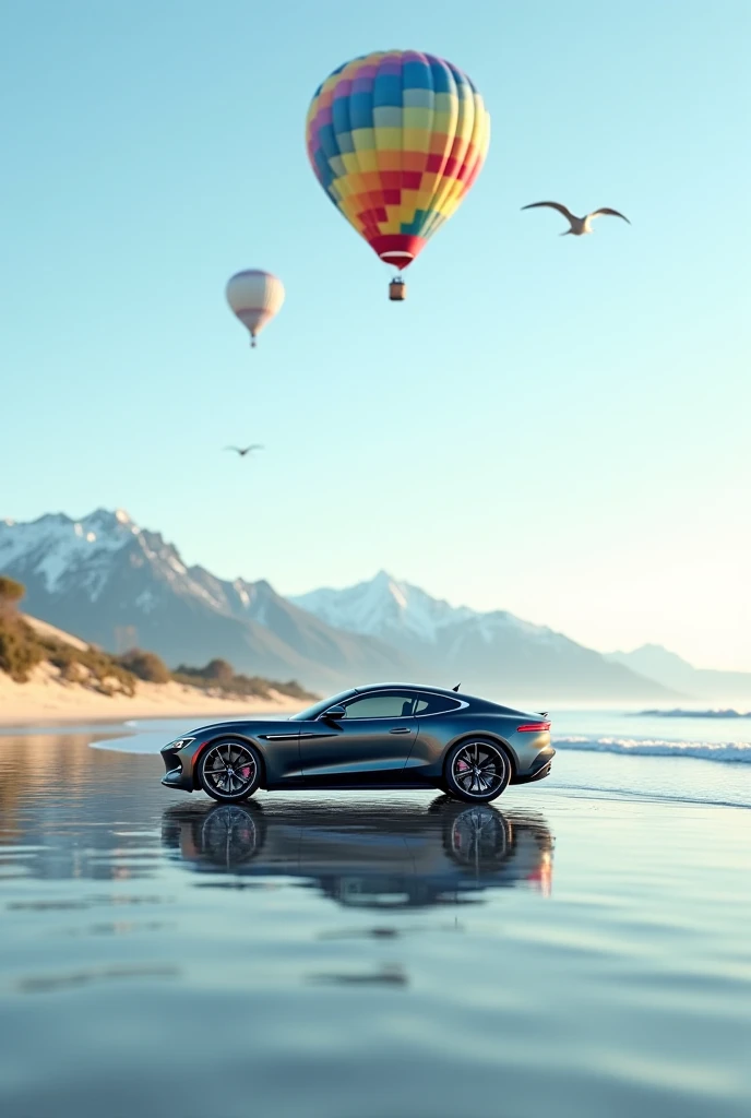 Create a car on the edge of the beach with a bladder with a mountain view and a colorful bird