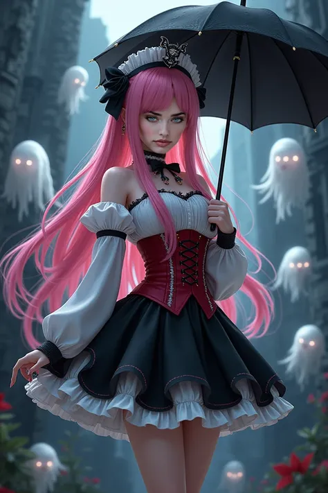 A highly detailed and realistic image of a young woman dressed in an accurate Perona cosplay from One Piece. She has long, flowing pink hair, large expressive eyes, and a gothic lolita-style dress with a black and white frilly skirt, a red corset, and a ma...