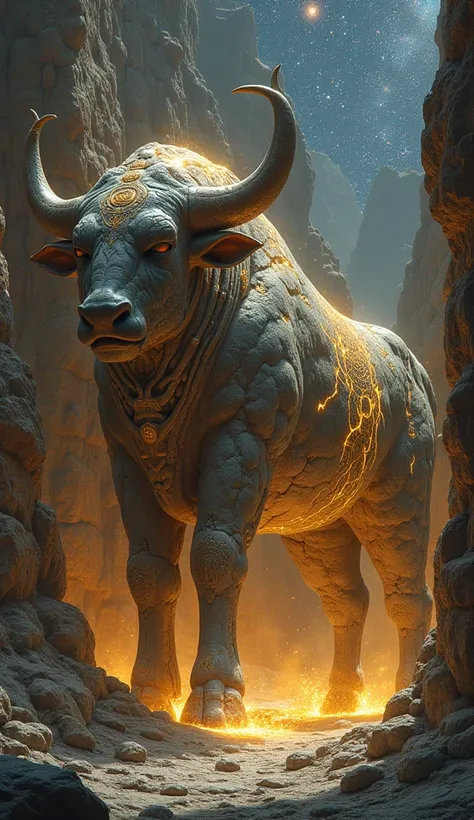 A sleeping bull made of ancient stone rests deep in a cosmic canyon. As the stars align, golden cracks begin to spread across its body, and it slowly awakens, shaking the universe itself.