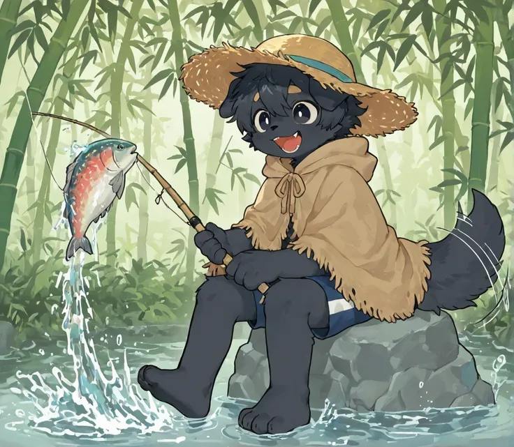 source_ furry， furry male，elementary school students，((boy )),dog boy ,short hair,masterpiece, newest,absurdres, incredibly absurdres, bright eyes, detailed eyes,short hair，solo , traditional suo li straw cloak, fishing by riverside, excitedly catching fis...