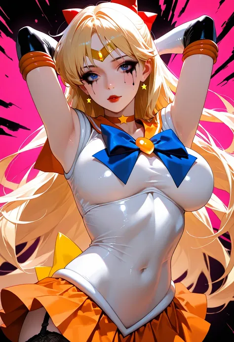  score_9, score_8_up, score_7_up,Masterpiece,  top quality,  lively,  very aesthetic,  high contrast,  semi-realistic,  latest, Sailor Venus ,black garter stocking,black elbow gloves,orange skirt,big breast,black eyeshadow,red lips,heavy makeup,black cloth...