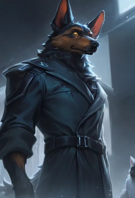 best quality, masterpiece, \(quality\), L0LSPL4SH, year2024, year2023, West studio, antrho dog, humanoid german shepherd, 1male, solo, upper body, strong, taller frame, droopy ears, brown and black fur, fluffy body, fluffy tail, yellow eyes, wearing a old ...