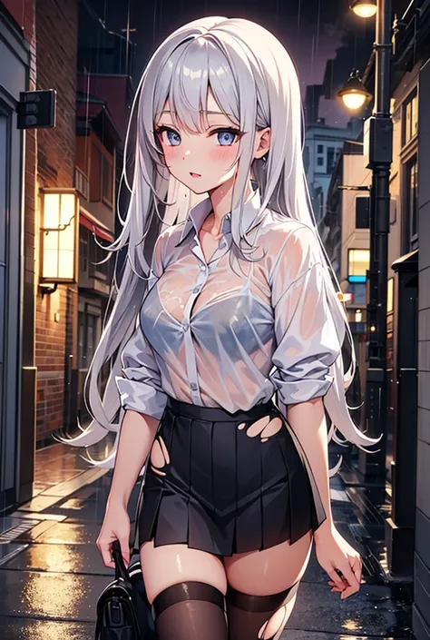 On the rainy night, the girl with a torn open wet shirt, ripped micro skirt, and sexy underwear, masterpiece superb night moon full moon 1 female Loli woman, silver white long hair woman light pink lips calm intellectual elementary school background stroll...