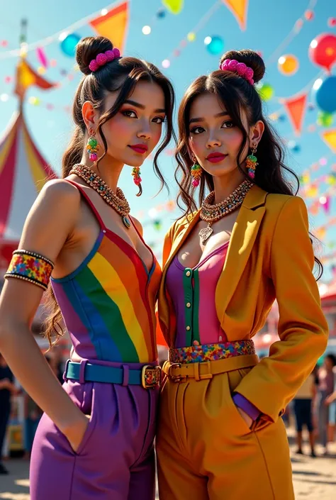 I draw two lesbians at Carnival one wearing clothes representing the LGBT flag and the other representing the lesbian flag