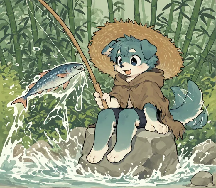 source_ furry， furry male，elementary school students，((boy )),dog boy ,short hair,masterpiece, newest,absurdres, incredibly absurdres, bright eyes, detailed eyes,short hair，solo , traditional suo li straw cloak, fishing by riverside, excitedly catching fis...