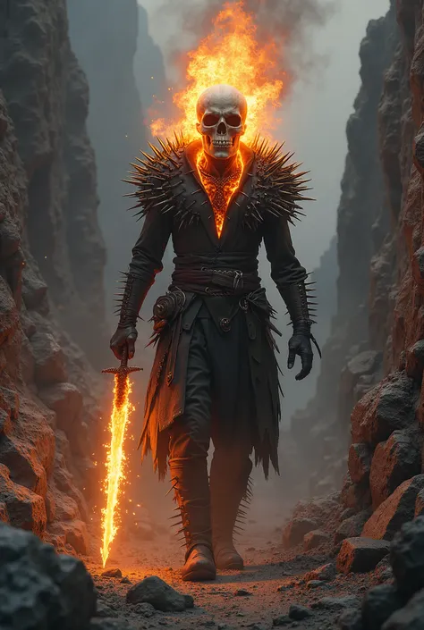  A burning skull with a vest with sharp tips walking amidst the rocks. Carrying a burning sword 