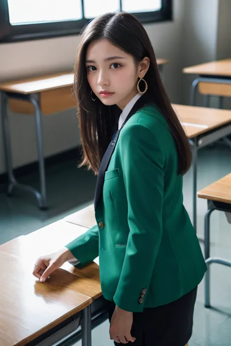 Nikon RAW Photos,8k, Fujifilm XT3 ,   masterpiece ,   top quality,  by Nomi, photo by Nomi,   very detailed ,  in the seat, alone ,   diamond earrings standing in the background,  Hazel eyes, green,  Black blazer ,   I'm standing in the classroom。The cloth...