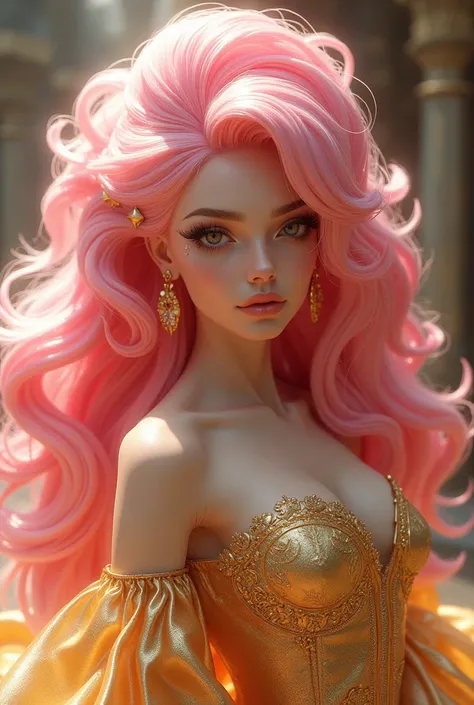  Anime woman with giant pink hair, And dress made of gold 