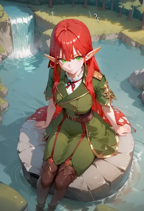  Elf girl ,  long ears,  pointy ears ,  long hair,Red hair,  green eyes, green clothes,  big boobs,  red ribbon on her hip,  confused look ,   stares at you staring , looking from above ,  sitting on a rock , Winged a river , forest, waterfall