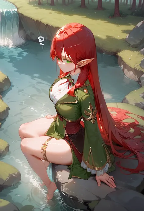  Elf girl ,  long ears,  pointy ears ,  long hair,Red hair,  green eyes, green clothes,  big boobs,  red ribbon on her hip,  confused look ,   stares at you staring , looking from above ,  sitting on a rock , Winged a river , forest, waterfall