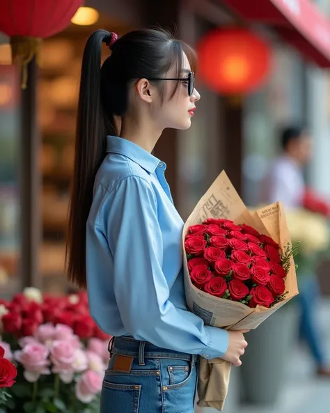 8 k masterpiece. Beautiful Chinese girl tied with high raised hair in a long straight ponytail, wearing a blue shirt, knee jeans, missing leather shoes, gazing face, standing, holding a bouquet of red roses wrapped in newspaper paper, wearing sunglasses, l...