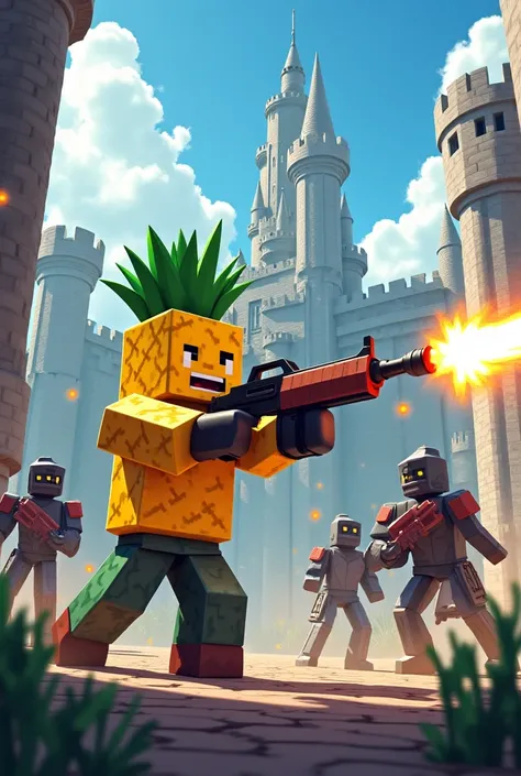 Make a Minecraft player with pineapple skin in a castle with a gun shooting at the knights of the castle in anime style and with the big picture