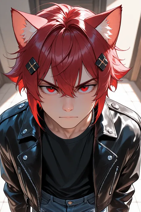 (best quality), (masterpiece), LoFi Aesthetic, closeup, highly detailed, 1boy, male focus, leather jacket, black shirt, denim pants,   red hair, short hair, red eyes, cat ears, hair ornament