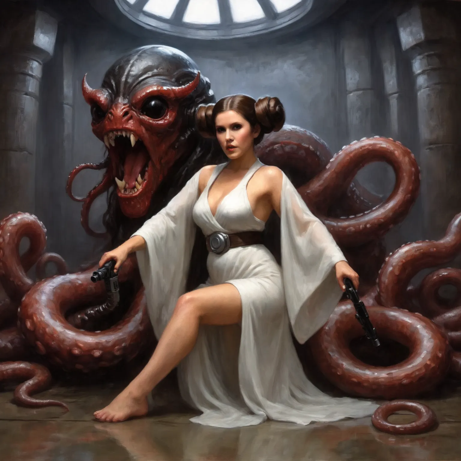 a beautiful woman with cute face dressed as Princess Leia in a translucent white sheer gown, large natural breasts with natural sag, amazing butt, revealing her body, with an iconic side bun hairdo,, highly detailed, photorealistic, 8k, studio lighting, ci...