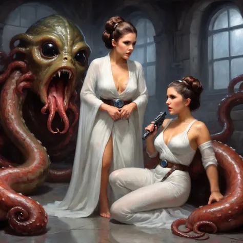 a beautiful woman with cute face dressed as Princess Leia in a translucent white sheer gown, large natural breasts with natural sag, amazing butt, revealing her body, with an iconic side bun hairdo,, highly detailed, photorealistic, 8k, studio lighting, ci...