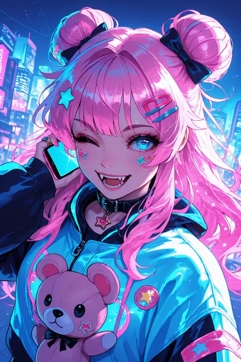 masterpiece, high quality, best quality, very aesthetic, dt_xiv_style, 1girl, one eye closed, pink hair, solo, bandaid, fangs, smile, open mouth, hair ornament, heart, jewelry, stuffed toy, long hair, bow, jacket, collar, hairclip, hair bow, sticker, hair ...