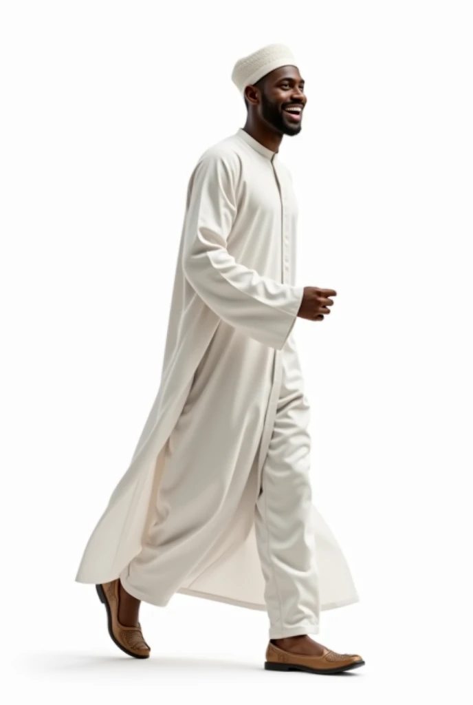 Create a full length image, head to toe, side view of a very excited Nigerian Muslim walking towards camera in religion specific attire on a white background
