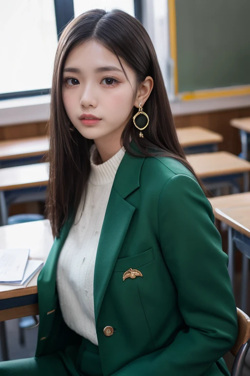 Nikon RAW Photos,8k, Fujifilm XT3 ,   masterpiece ,   top quality,  by Nomi, photo by Nomi,   very detailed ,  in the seat, alone ,   diamond earrings standing in the background,  Hazel eyes, green,  Black blazer ,   I'm standing in the classroom。The cloth...