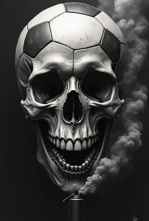 Tattoo design of a skull that the skull is a soccer ball biting a smoke bomb