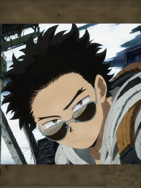 (masterpiece, best quality, anime, anime coloring:1.3, superhigh res). (((Normal guy, calm expression, brown eyes, wearing aviator sunglasses))). Colorfull.
My Hero Academia character, MHA style, anime style, my hero academia, boku no hero academia, anima...