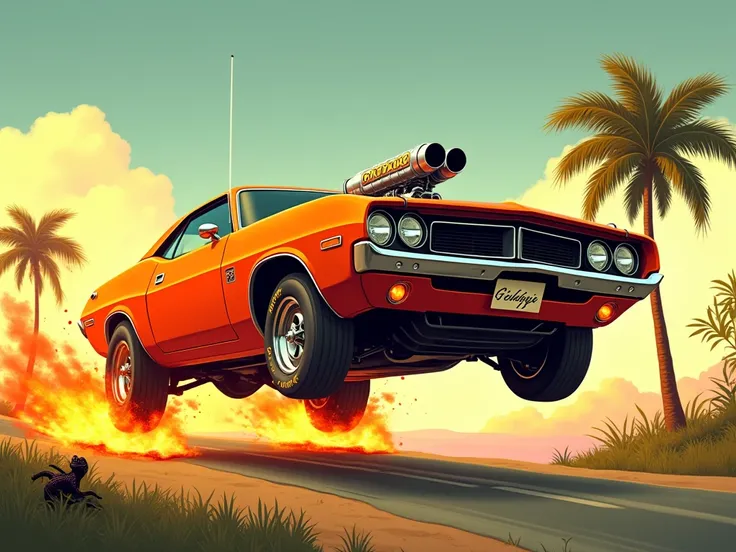  Orange muscle car leaping through the air ,  Flames erupting from the exhaust pipe .  High Performance Cars ,  Custom Tuned Engines ,  bright orange ,  Bring Reality Cartoon-like exaggeration .  Powerful,   Dynamic Poses,  exudes speed  energy.   Hot Rod ...