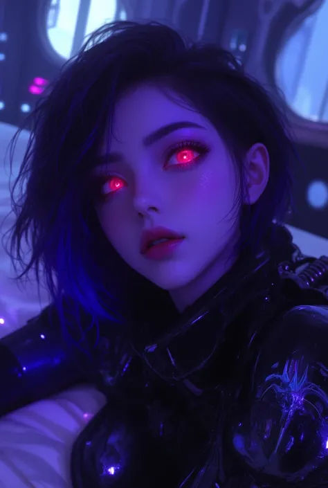 epic quality,  lots of details ,  lots of details  en la cara, Pretty young girl with purple skin , Her skin is purple ,  has very bright red electric eyes, rounded features,  freckles on her face just above her nose and on her cheeks, her hair is black wi...