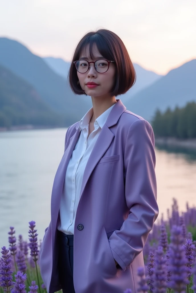 Realistic, beautiful woman 35 years, blunt bob short black-brown hair, wearing eyeglasses, white shirt, light purple jacket and dark pants, standing in front of river and mountains, lavender and blue flower, bright sky morning, purple atmosphere 