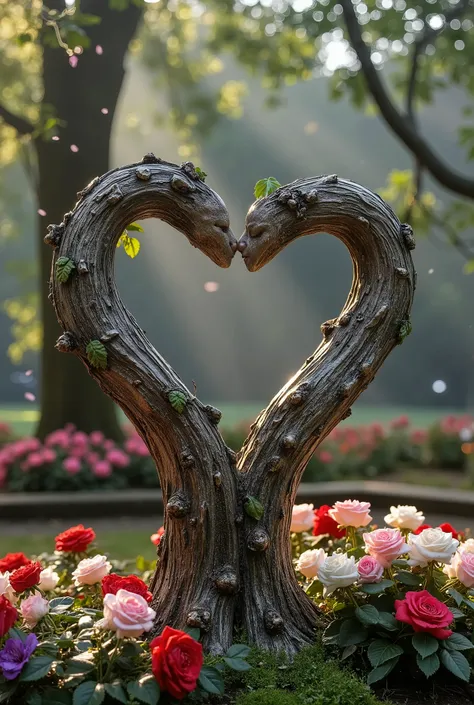 Two intertwined trees forming the shape of a heart, their trunks and branches carefully sculpted to resemble a loving couple locked in an intimate kiss. The bark texture mimics the delicate features of human figures, with the contours of faces and bodies s...