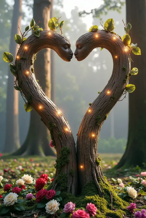 Two intertwined trees forming the shape of a heart, their trunks and branches carefully sculpted to resemble a loving couple locked in an intimate kiss. The bark texture mimics the delicate features of human figures, with the contours of faces and bodies s...