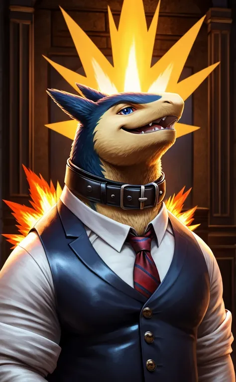 Solo, Male, close up, fat, musclegut, obese, steampunk, gentleman, dapper Typhlosion, tilting head down, blue eyes, wearing a big leather collar around his neck, (soft shading), 4k, hi res, ((detailed face, detailed)), looking at viewer, evil grin, collare...