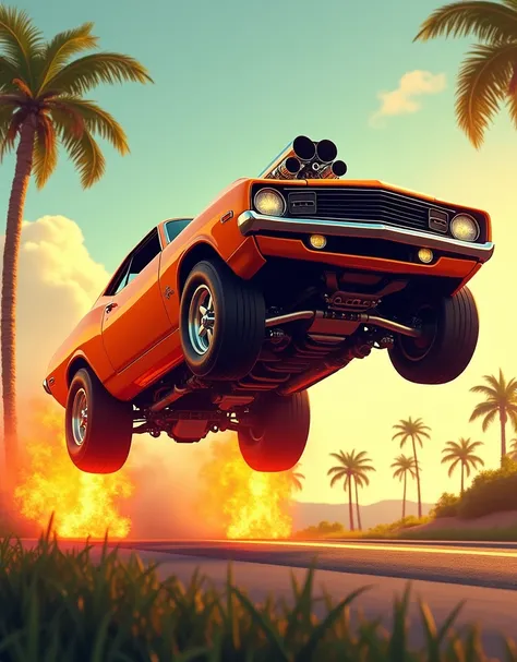  Orange muscle car leaping through the air ,  Flames erupting from the exhaust pipe .  High Performance Cars ,  Custom Tuned Engines ,  bright orange ,  Bring Reality Cartoon-like exaggeration .  Powerful,   Dynamic Poses,  exudes speed  energy.   Hot Rod ...