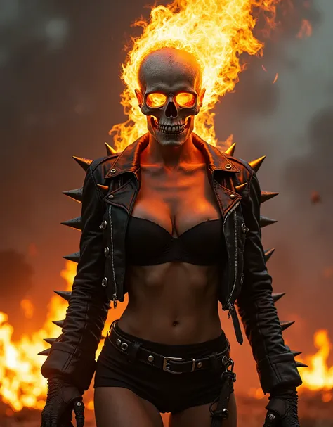 Female ghost rider, sexy hot thick mascular bodybuilder woman with a burning skull head full of fire, bald  burning skull full of fire , wearing a short and half   black leather jacket with shining metal thorns, burning jacket full of fire , sexy black lin...