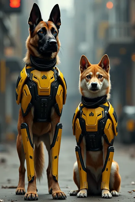 Belgian malinois on four legs in military future armor in yellow and black stands on four legs beside Shiba Inu 