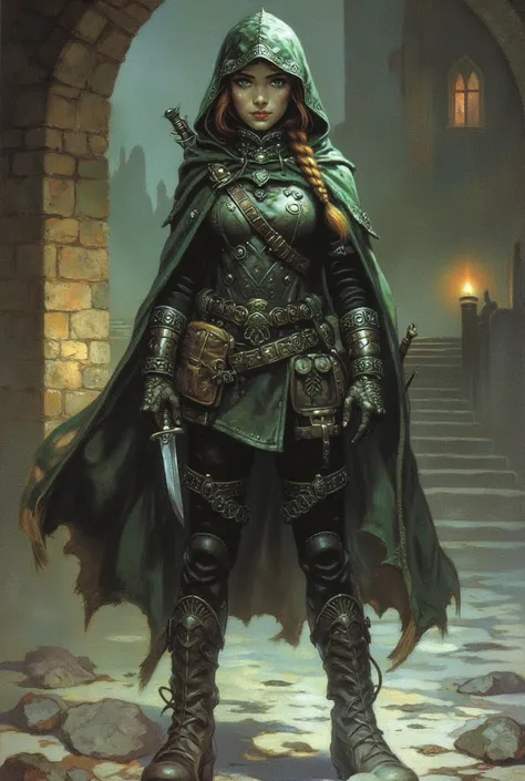 Create a dynamic illustration of Elara Swiftfoot, a striking female character who embodies the traits of an explorer and thief in a medieval fantasy world. Elara stands tall and confident, her slim and agile build emphasized by a dark green hooded cloak wi...