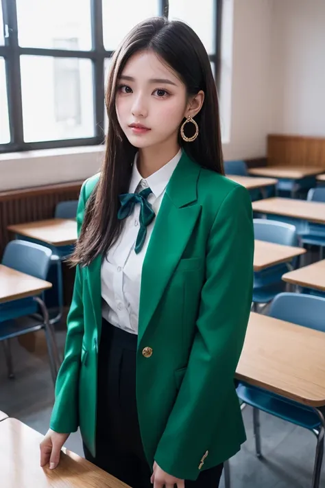 Nikon RAW Photos,8k, Fujifilm XT3 ,   masterpiece ,   top quality,  by Nomi, photo by Nomi,   very detailed ,  in the seat, alone ,   diamond earrings standing in the background,  Hazel eyes, green,  Black blazer ,   I'm standing in the classroom。The cloth...