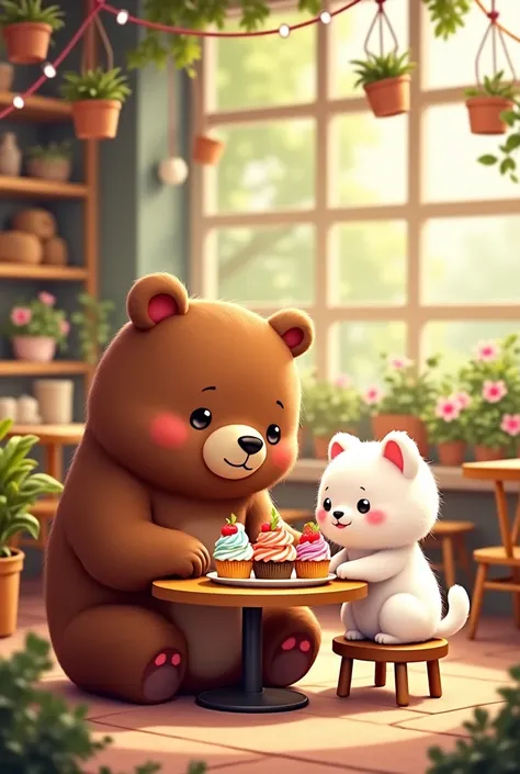 A big brown bear and a white kitten having a date at a cafe with cupcakes and very cute cartoon style juice