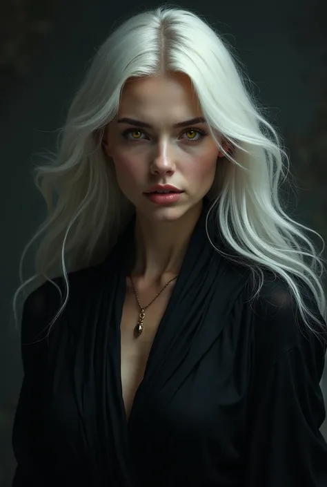 Create me an image of a woman with honey eyes and long white hair with a threatening look and a black robe