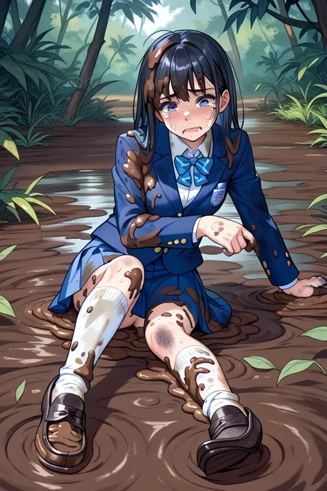  top quality, high school girl,(((dark blue blazer covered in mud, dark blue skirt covered in mud, white socks covered in mud, Black Loafers Muddy, sweaty))),Head and cheeks covered in mud,Bathe in muddy water from your head,(((dirty dark blue blazer , dir...