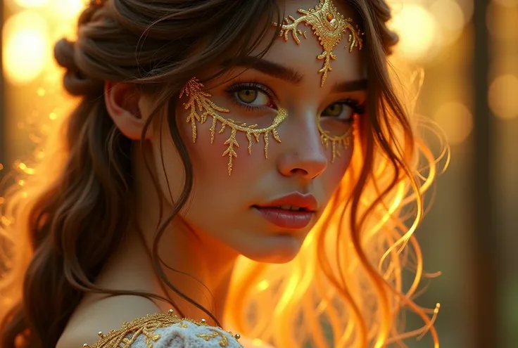  Female character,  with light brown hair , Golden body veins , close-up,  background trees at sunset, soft features 