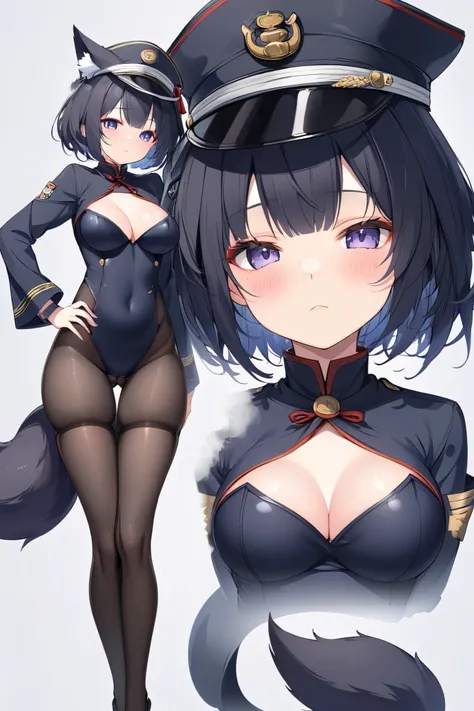 Foxian girl, fox tail fluffy, slightly chunky, short in stature, japanese, body suit, wearing panty hose, wearing a black western naval hat, short hair, cute, ethereal, make up, High Resolution, Best Quality, Detail, bluish black hair,