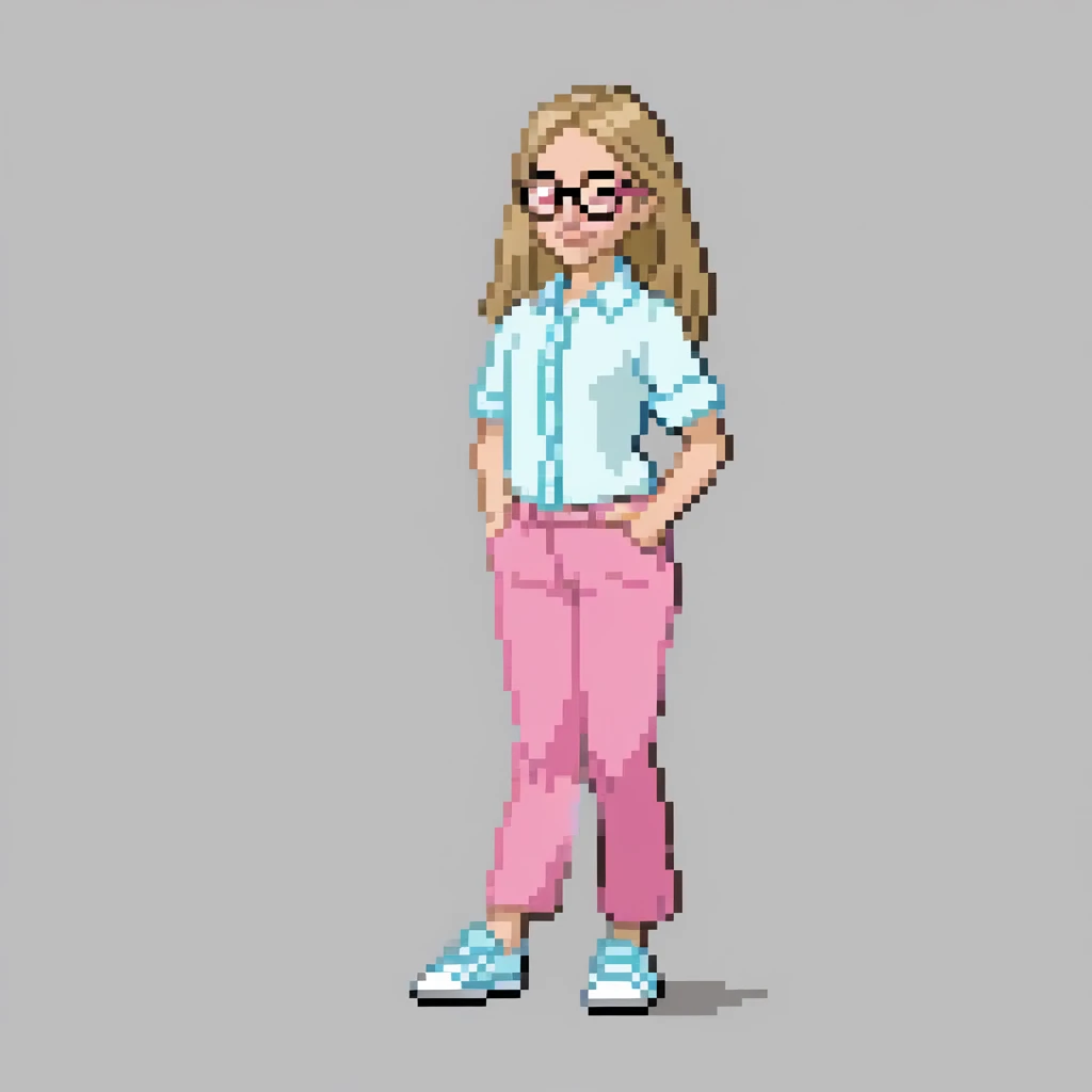 Young female, brown blonde hair,  with reading glasses, Wear a Pink and White Shirt, Are you wearing Cyan Blue pants, And she has some nice white shoes. 