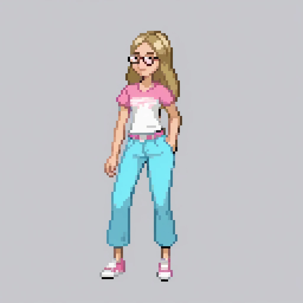 Young female, brown blonde hair,  with reading glasses, Wear a Pink and White Shirt, Are you wearing Cyan Blue pants, And she has some nice white shoes. 