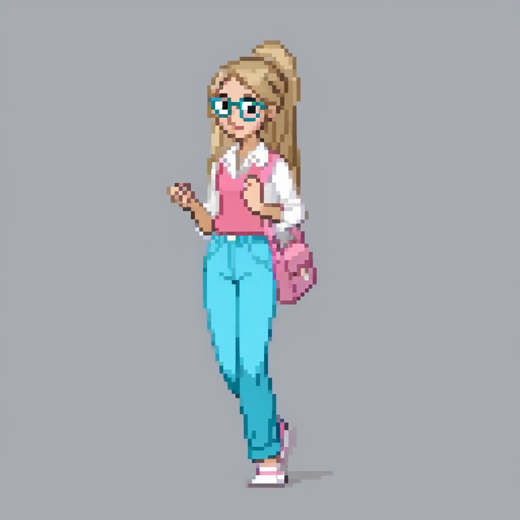 Young female, brown blonde hair,  with reading glasses, Wear a Pink and White Shirt, Are you wearing Cyan Blue pants, And she has some nice white shoes. 