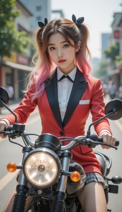 1 Girl,gal,(Gold, Pink Hair ,Two-tone hair), long hair,  side ponytail , black bow,school uniforms,Casual suits,(Checked skirt),(Casual suits, red, black),Ride confidently on a cool motorbike, 8K resolution on the front,  masterpiece,  top quality combat b...